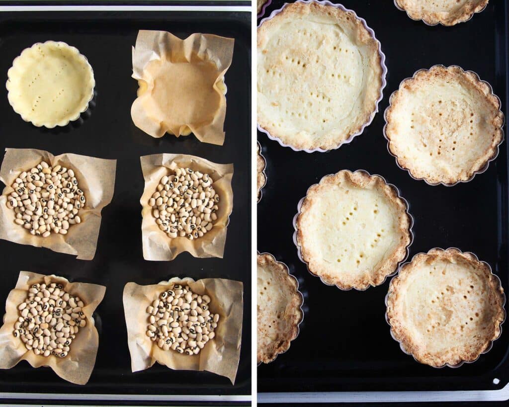 pastry shells blind baked with dried beans