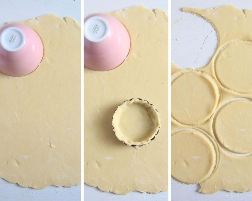 cutting shortcrust pastry with a small pink bowl