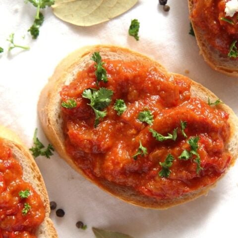 slice of bread topped with romanian zacusca