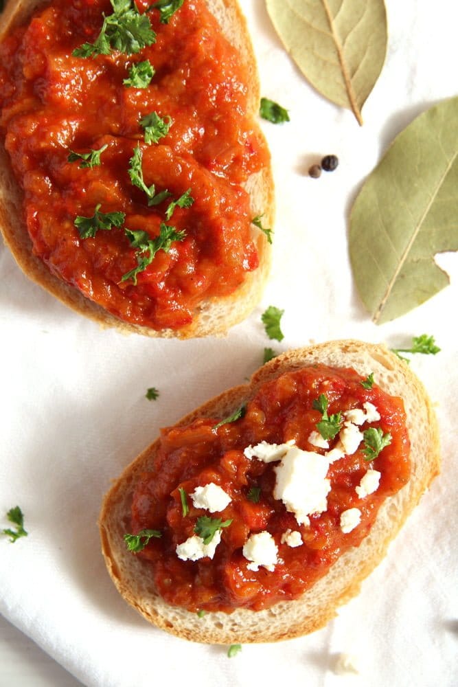 Bread with zacusca eggplant pepper spread