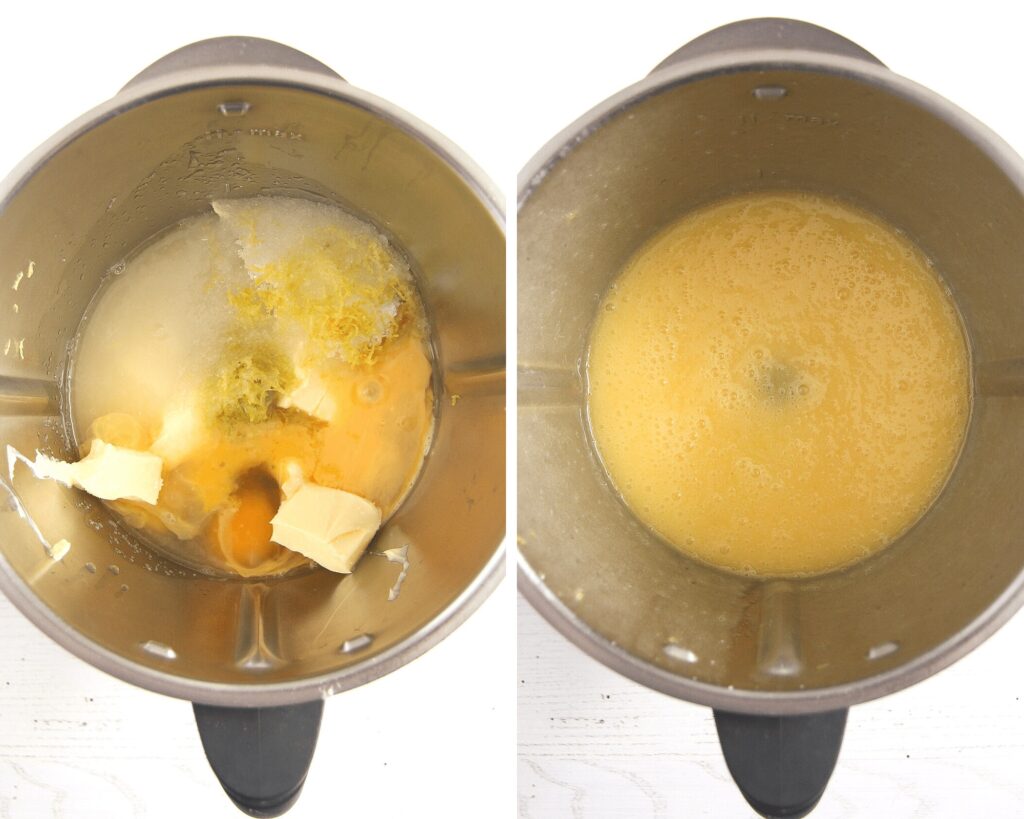 thermomix with butter, lemon juice, sugar and eggs in it