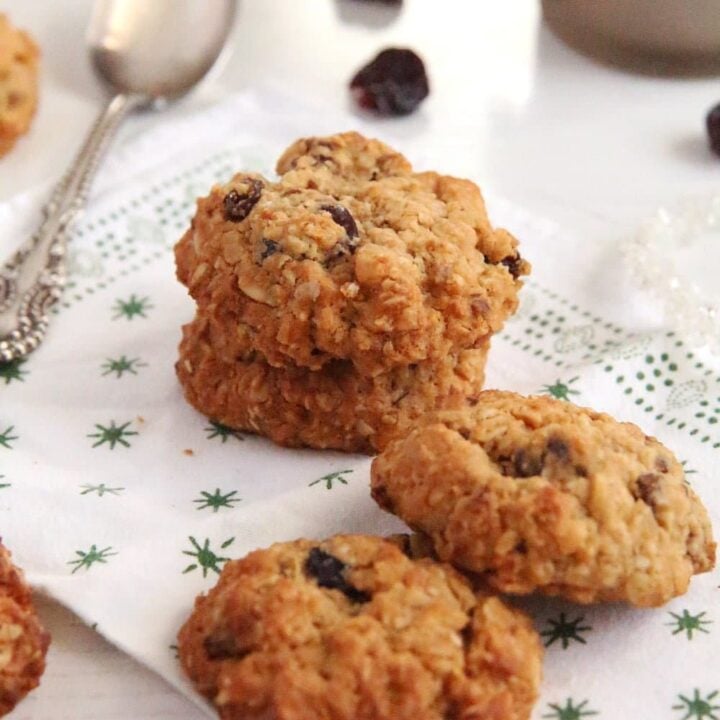 four muesli biscuits with raisins, cranberries and peanut butter
