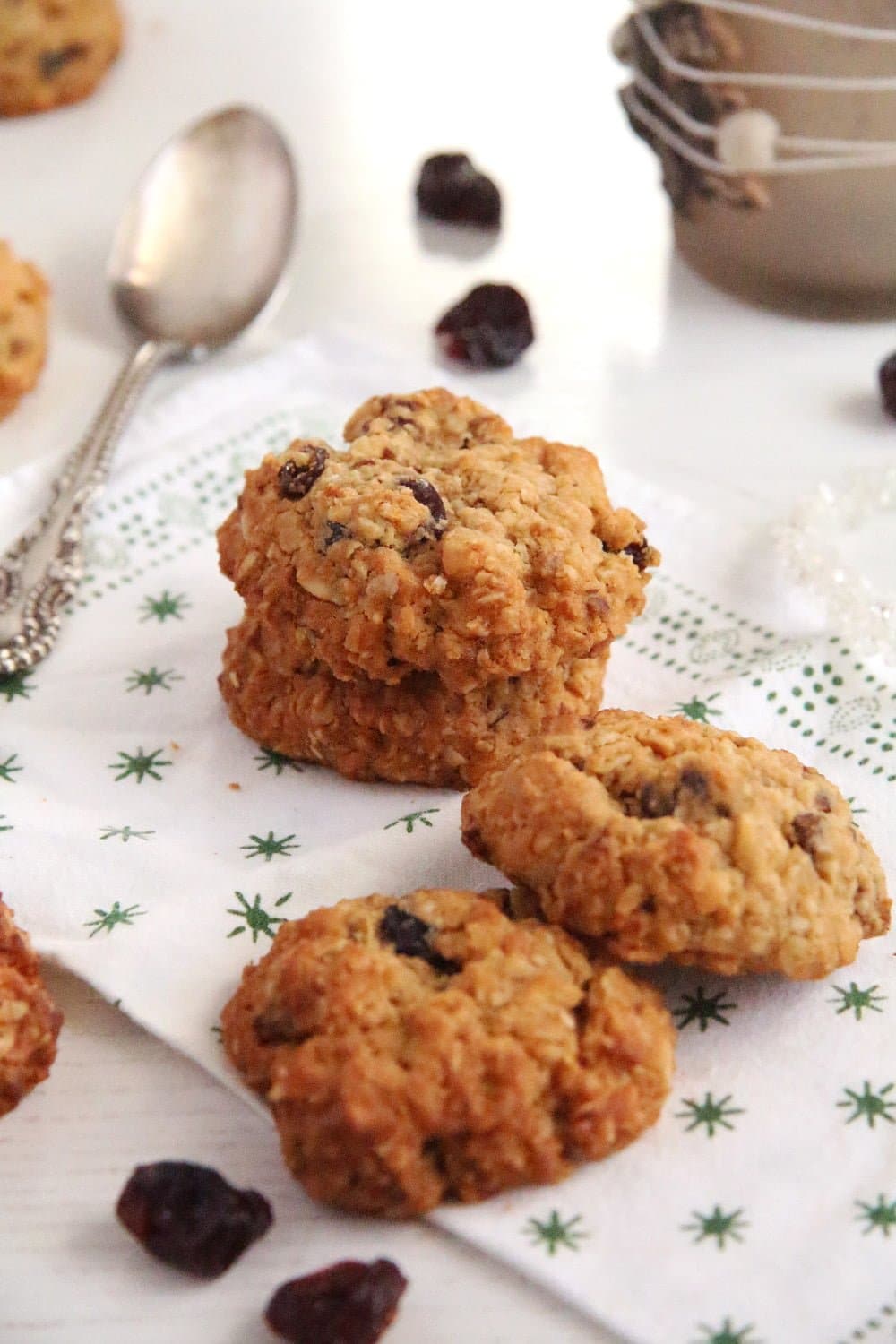 four muesli biscuits with raisins, cranberries and peanut butter
