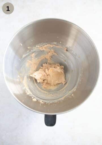 Mixing butter and brown sugar for chewy muesli cookies.