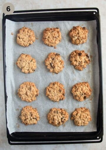 Chewy muesli cookies cooling on a wire rack.