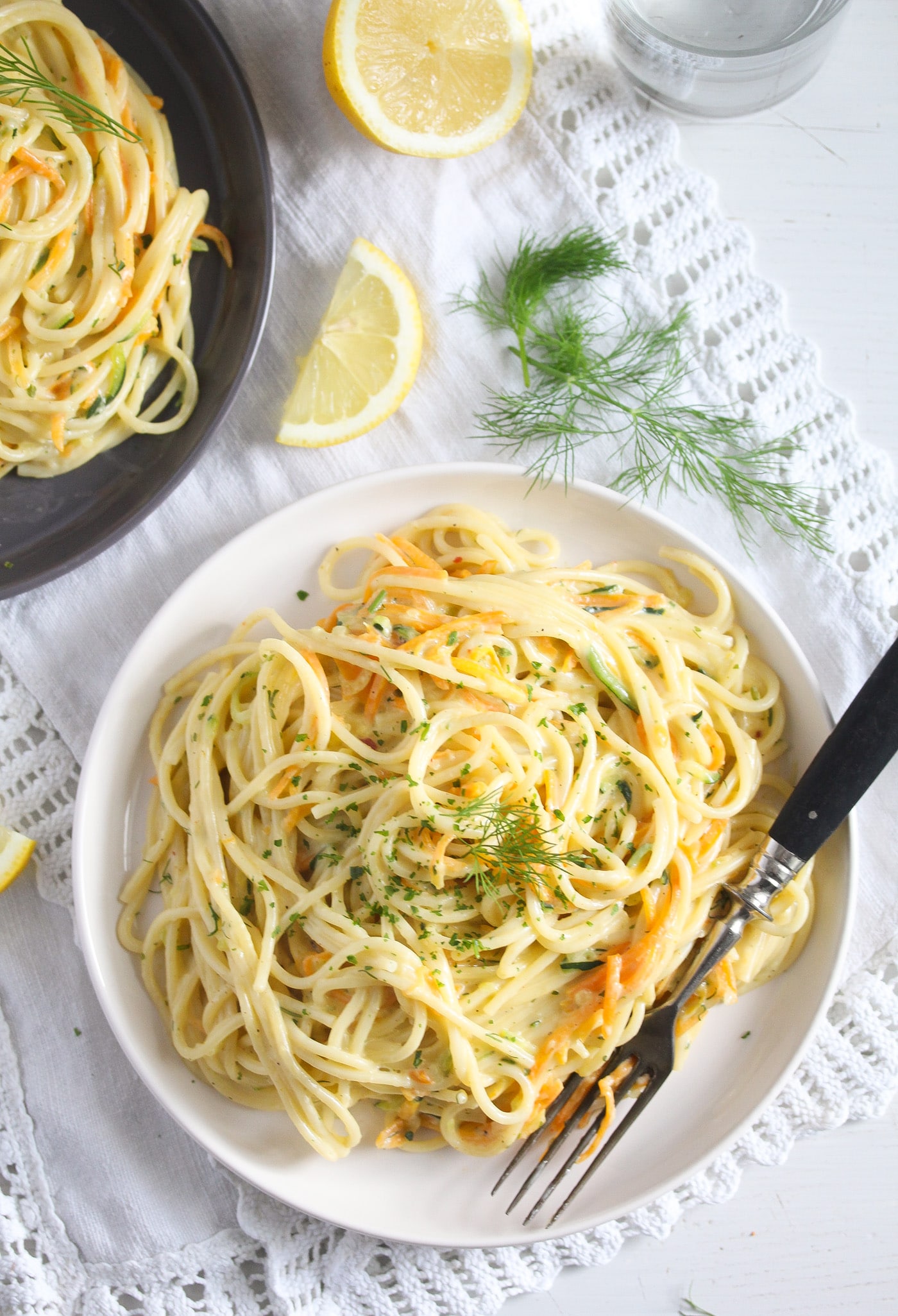 zucchini and carrot vegetarian spaghetti on a plate