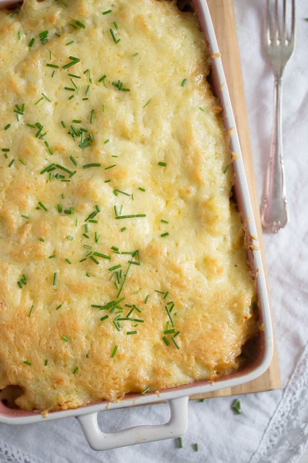 cabbage and potato bake in a baking dish