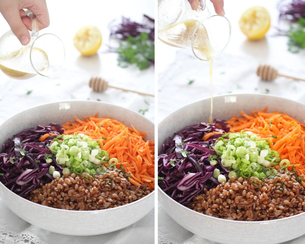 pouring honey lemon dressing in a bowl with vegetables