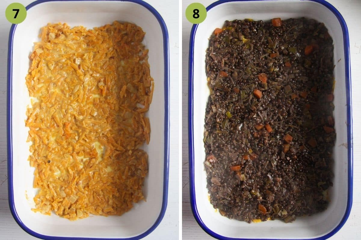 collage of two pictures of layering lasagna with lentils in a dish.
