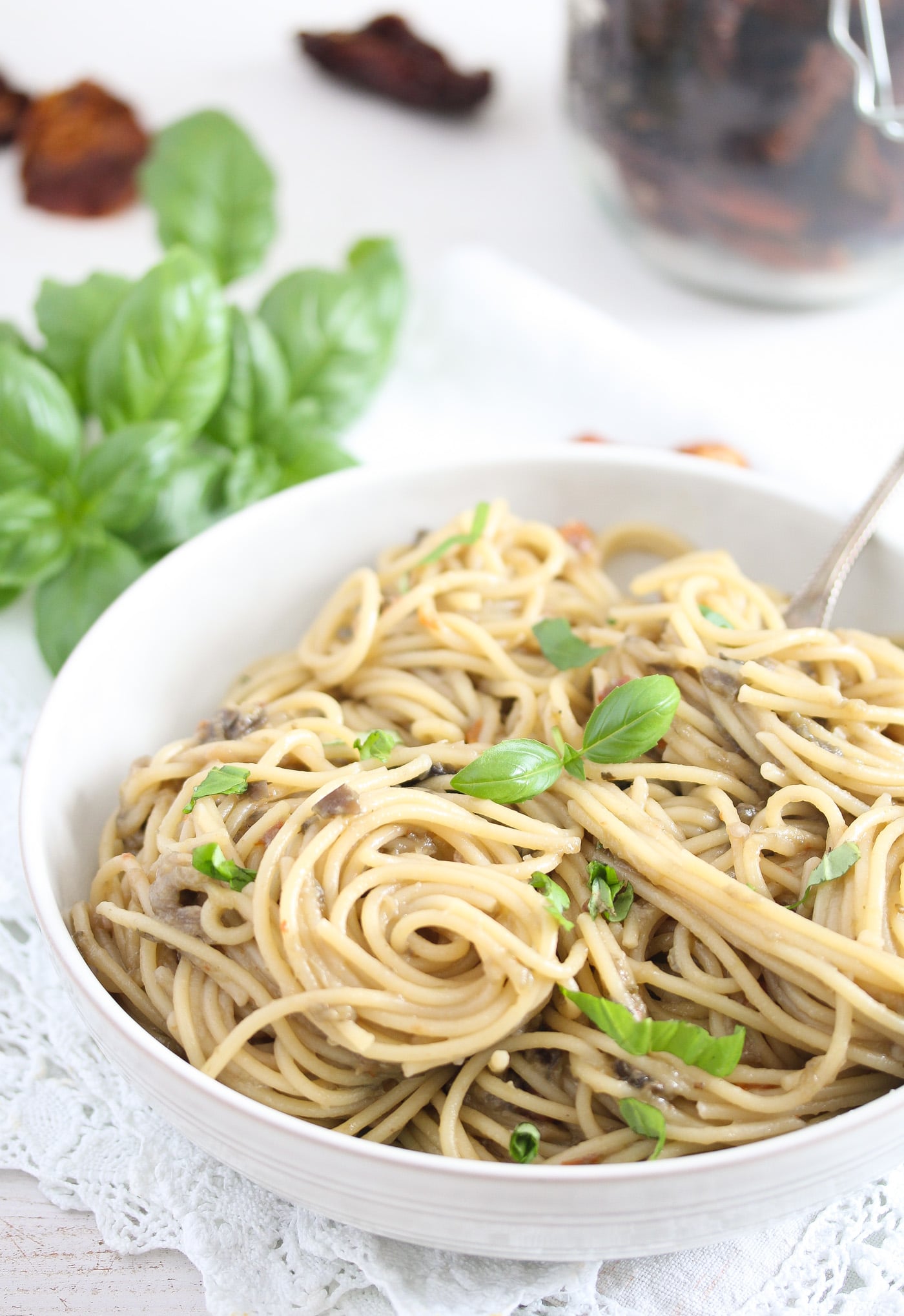 aubergine spaghetti with basil and sun dried tomatoes