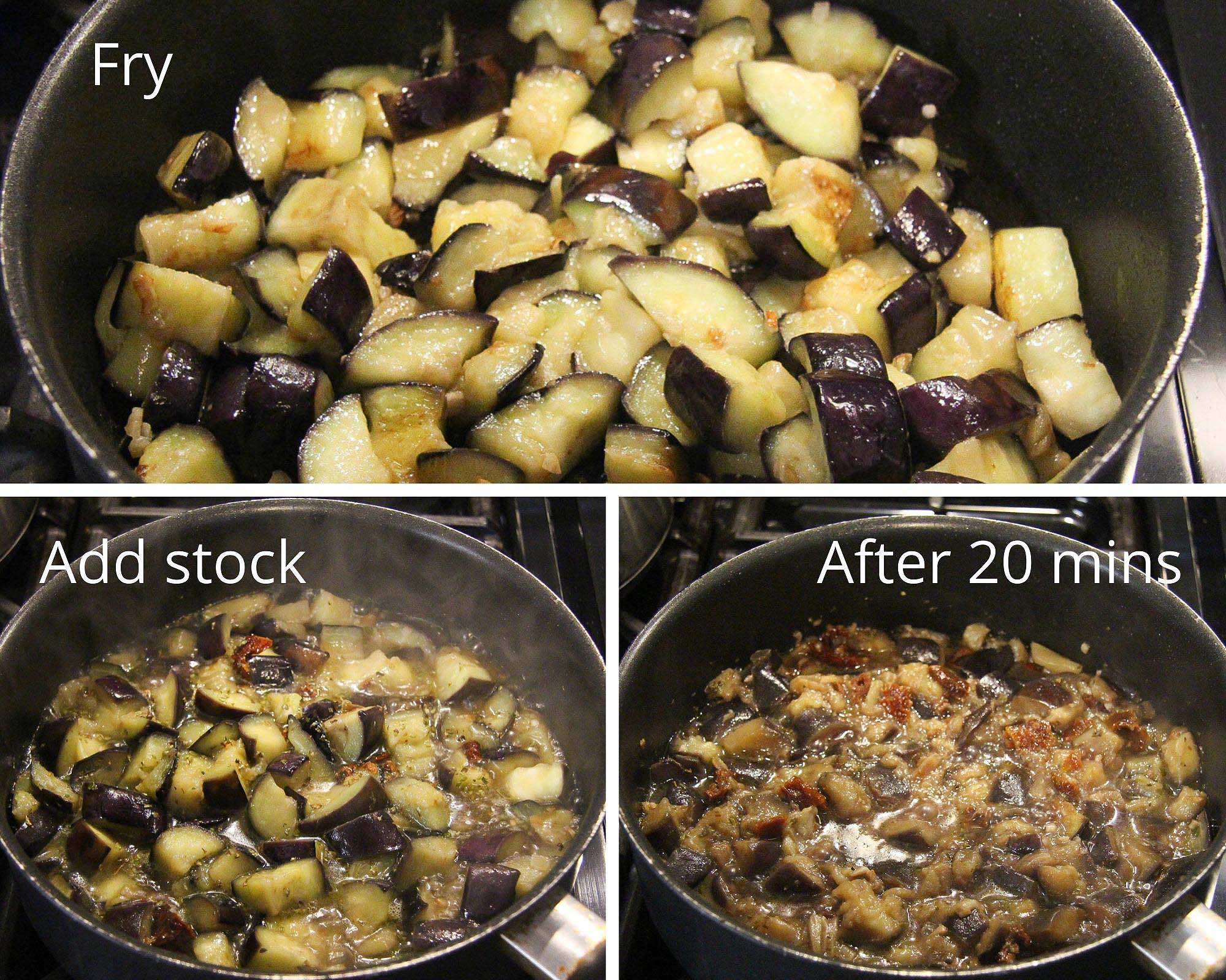 frying aubergine cubes in a non stick pan and making pasta sauce