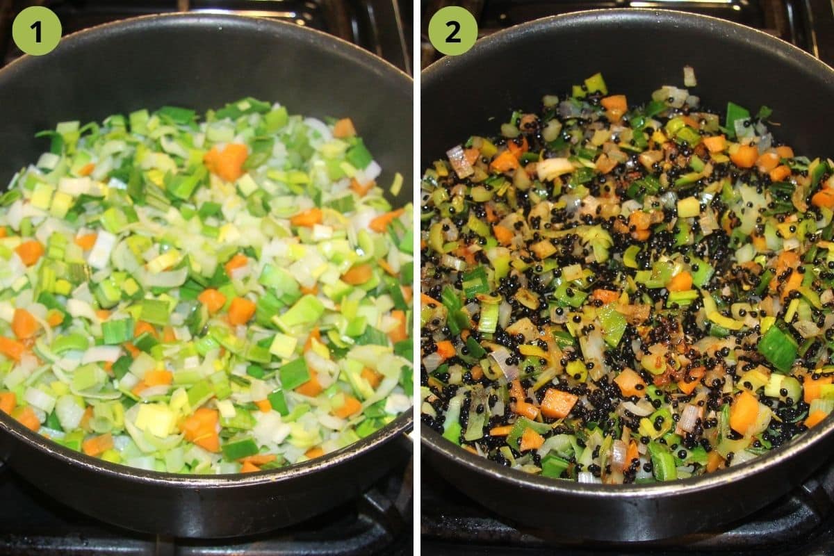 collage of two pictures of cooking vegetables and lentils in a pot.