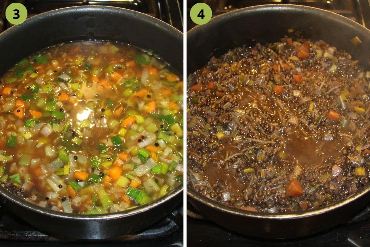 collage of two pictures of cooking lentils for making lasagna.