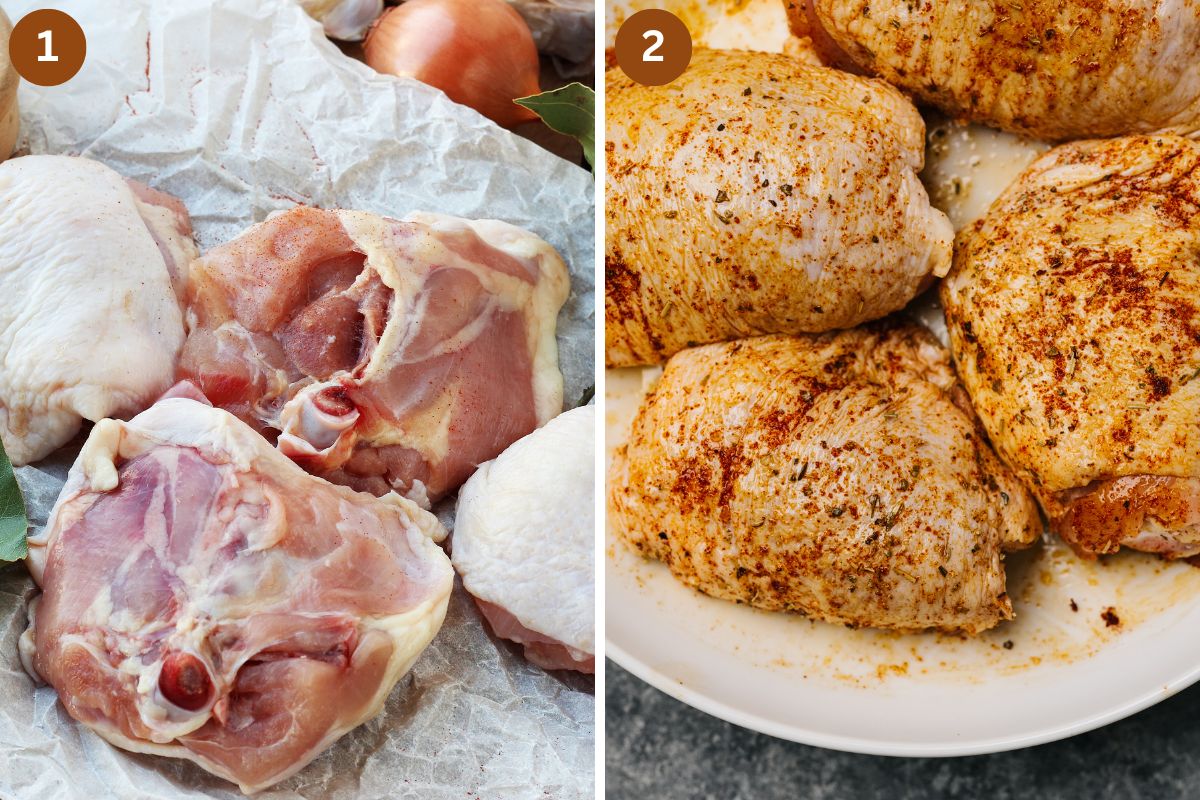 collage of two pictures of raw chicken thighs before and after seasoning.
