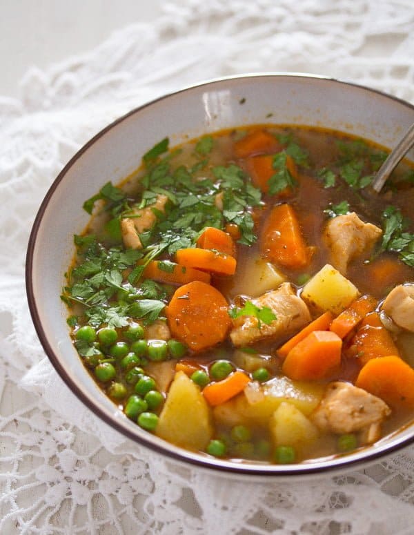 Quick Chicken And Potato Soup With Peas And Carrots