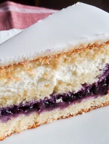 slice of cake with blueberry filling