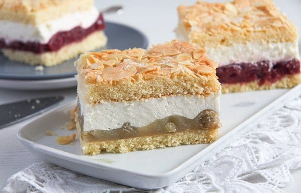 german gooseberry cheesecake square served on a white platter