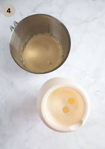 one bowl with beaten egg whites and one with beaten yolks with sugar.