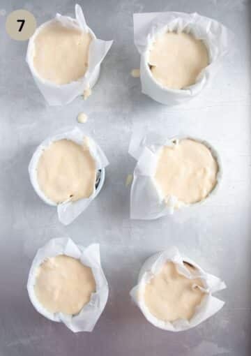 unbaked batter in ramekin dish for making clafoutis.