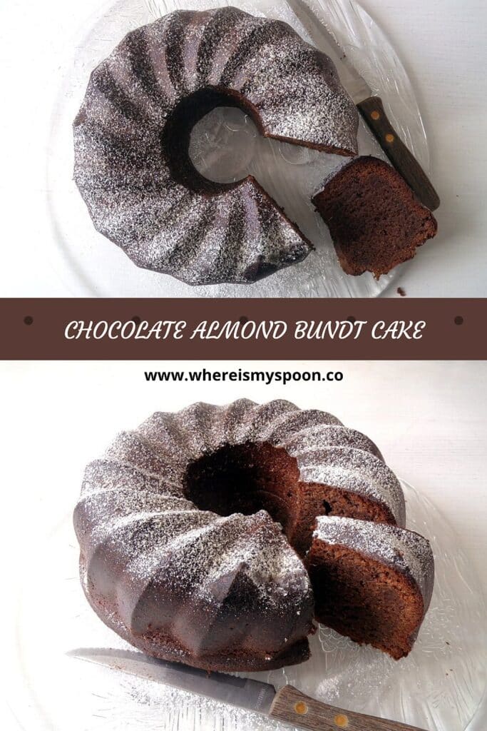 bundt cake with chocolate sprinkled with icing sugar