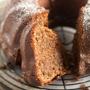 a slice of chocolate almond bundt cake.