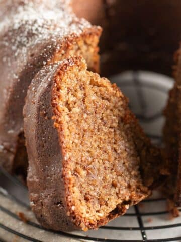 a slice of chocolate almond bundt cake.