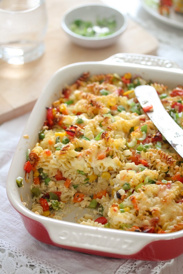 vegetable pasta bake in a casserole dish