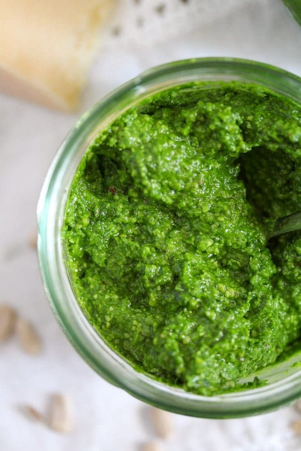 homemade wild garlic pesto with sunflower seeds