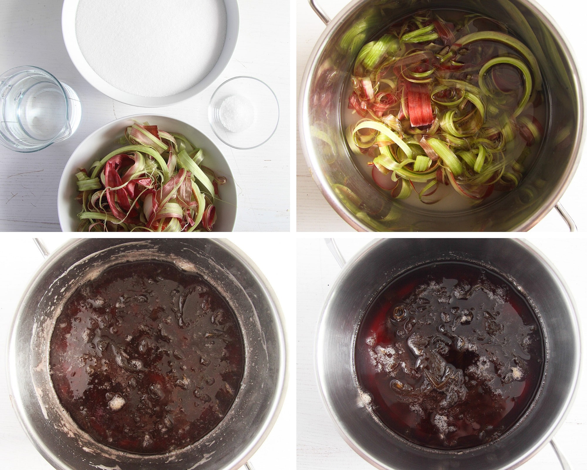 cooking rhubarb peel in a pot to make syrup