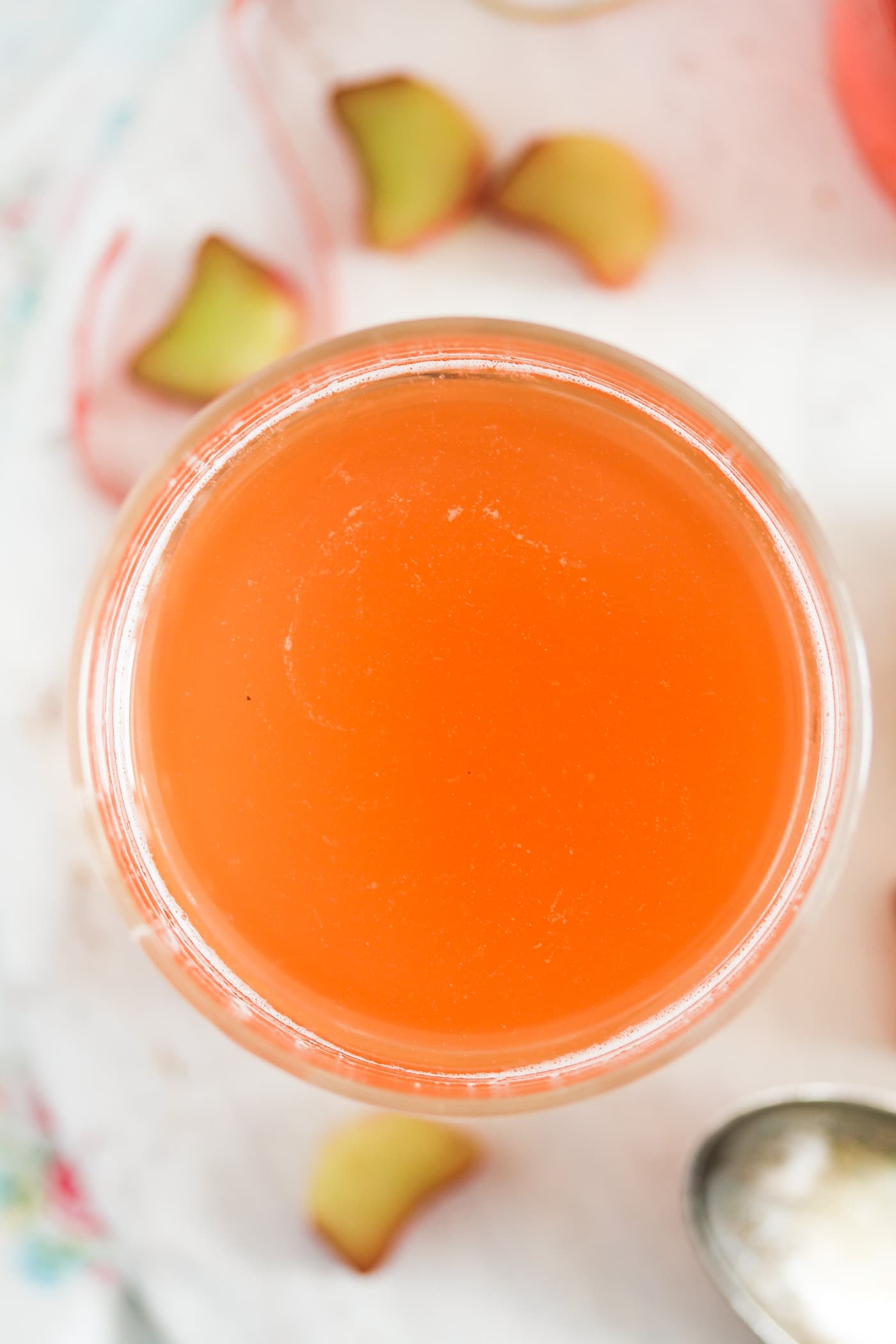 rhubarb drink in a glass seen from above