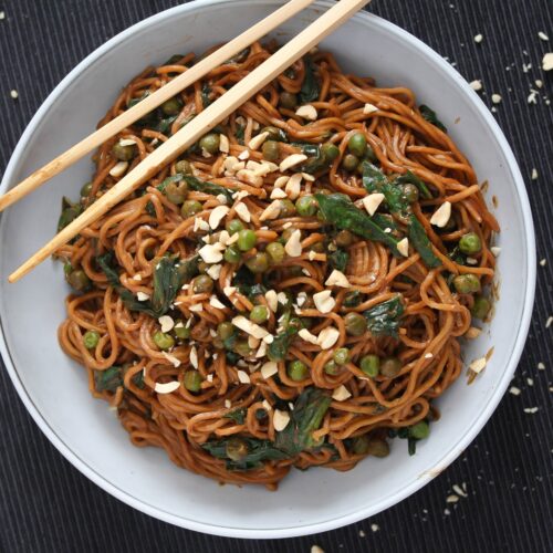 Soy Sauce Peanut Butter Noodles (with Spinach)