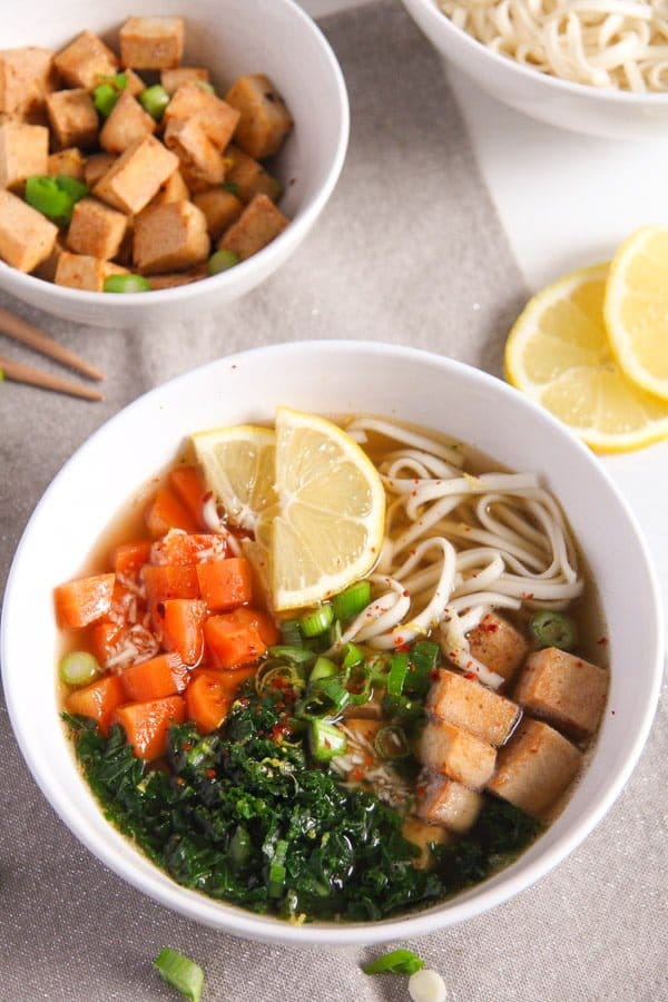 Soba Noodles Tofu Soup with Limes, Carrots and Kale