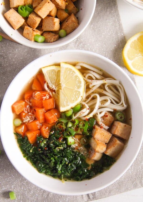 Vegan Soba Noodle Soup with Tofu, Miso and Kale