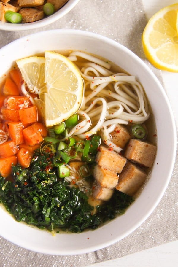 Soba Noodles Tofu Soup with Limes, Carrots and Kale