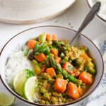 pinterest image for asparagus coconut curry.