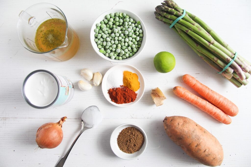 ingredients for asparagus curry with sweet potatoes and coconut