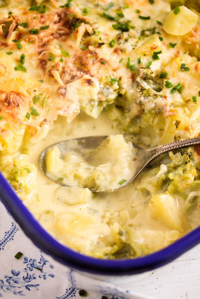 close up of spooning creamy vegetable bake out of a white dish with blue rim.