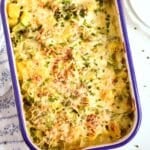 pinterest image of a bake with vegetables and potatoes.