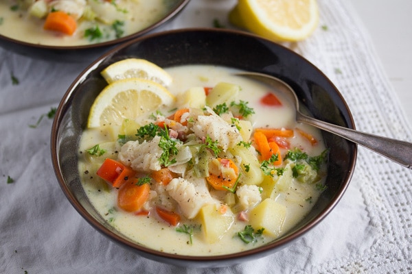 fish vegetable soup with pollock in a bowl