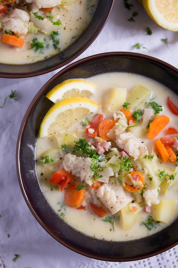 potato fish vegetable soup with pollock in a bowl