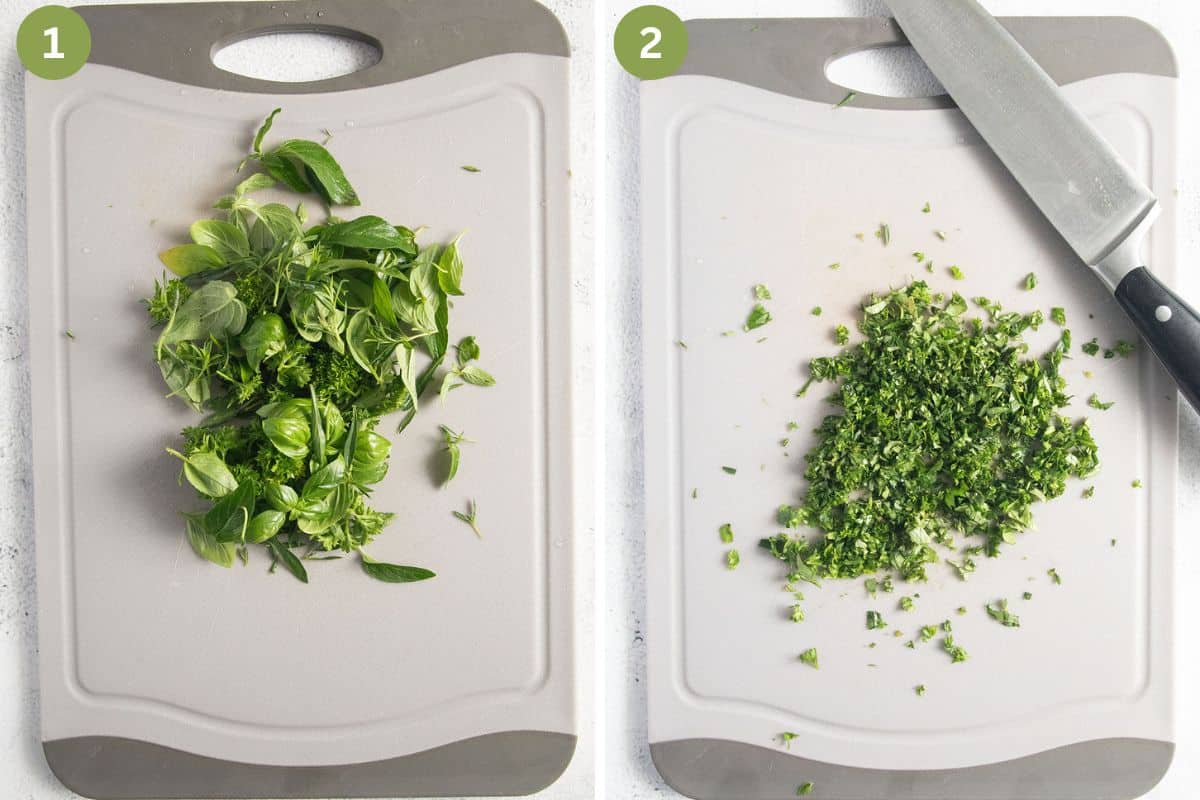 collage of two pictures of chopping fresh herbs with a large knife on a cutting board.