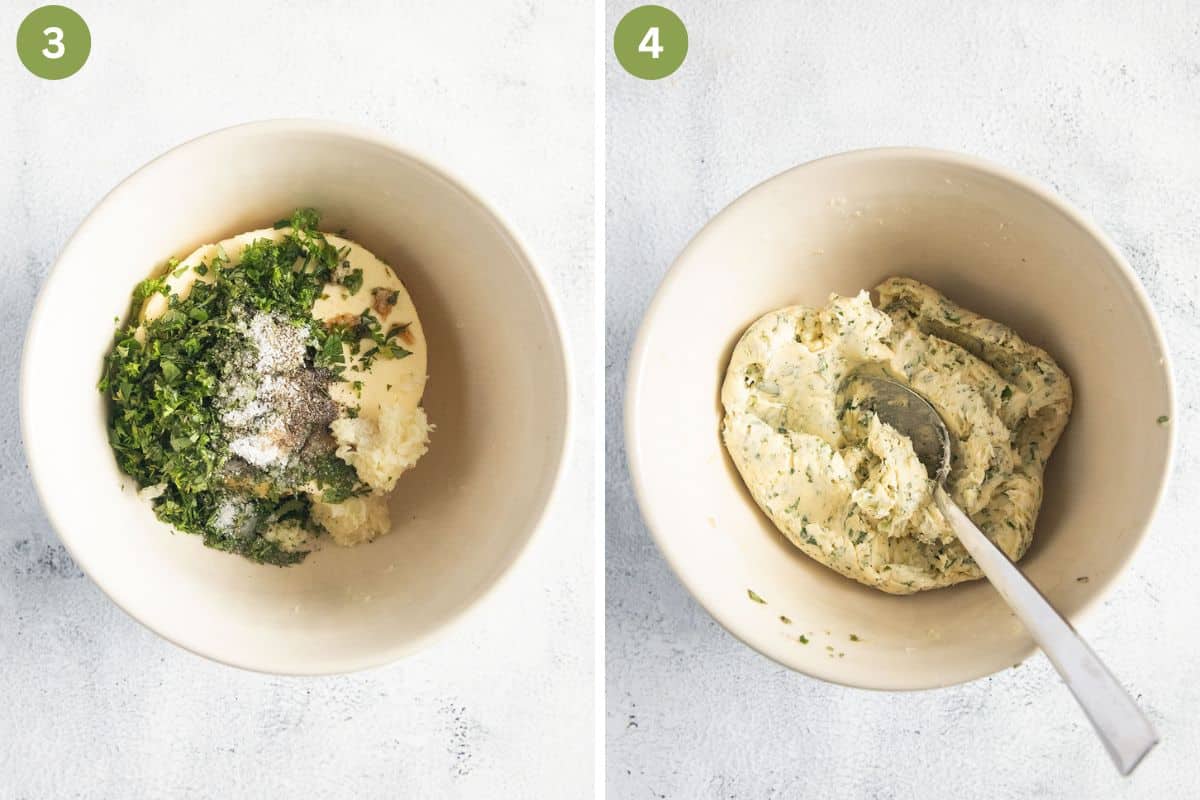 collage of two pictures of mixing butter with chopped herbs and spices in a bowl.