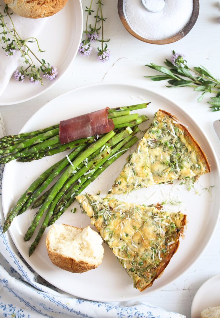 pea and leek frittata cut on a plate