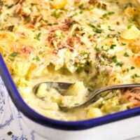 healthy broccoli potato casserole in a baking dish with a spoon in it, close up.