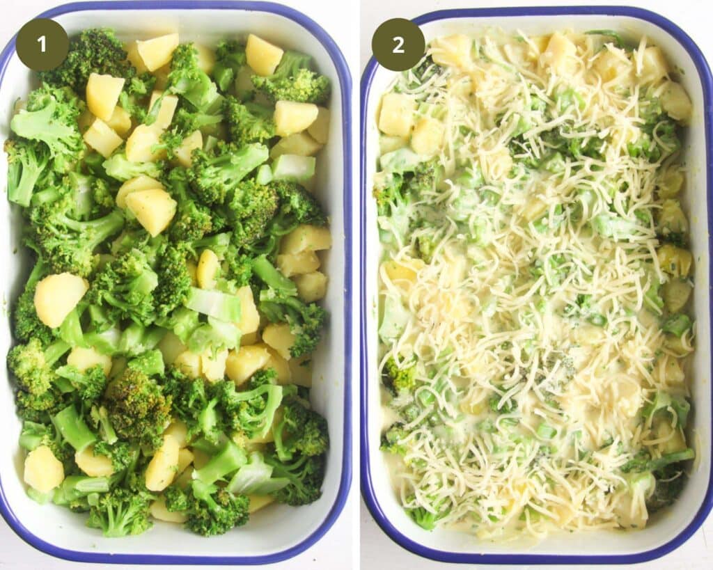 collage of two pictures of a vegetable bake before cooking, one showing the veggies and one showing the topping.