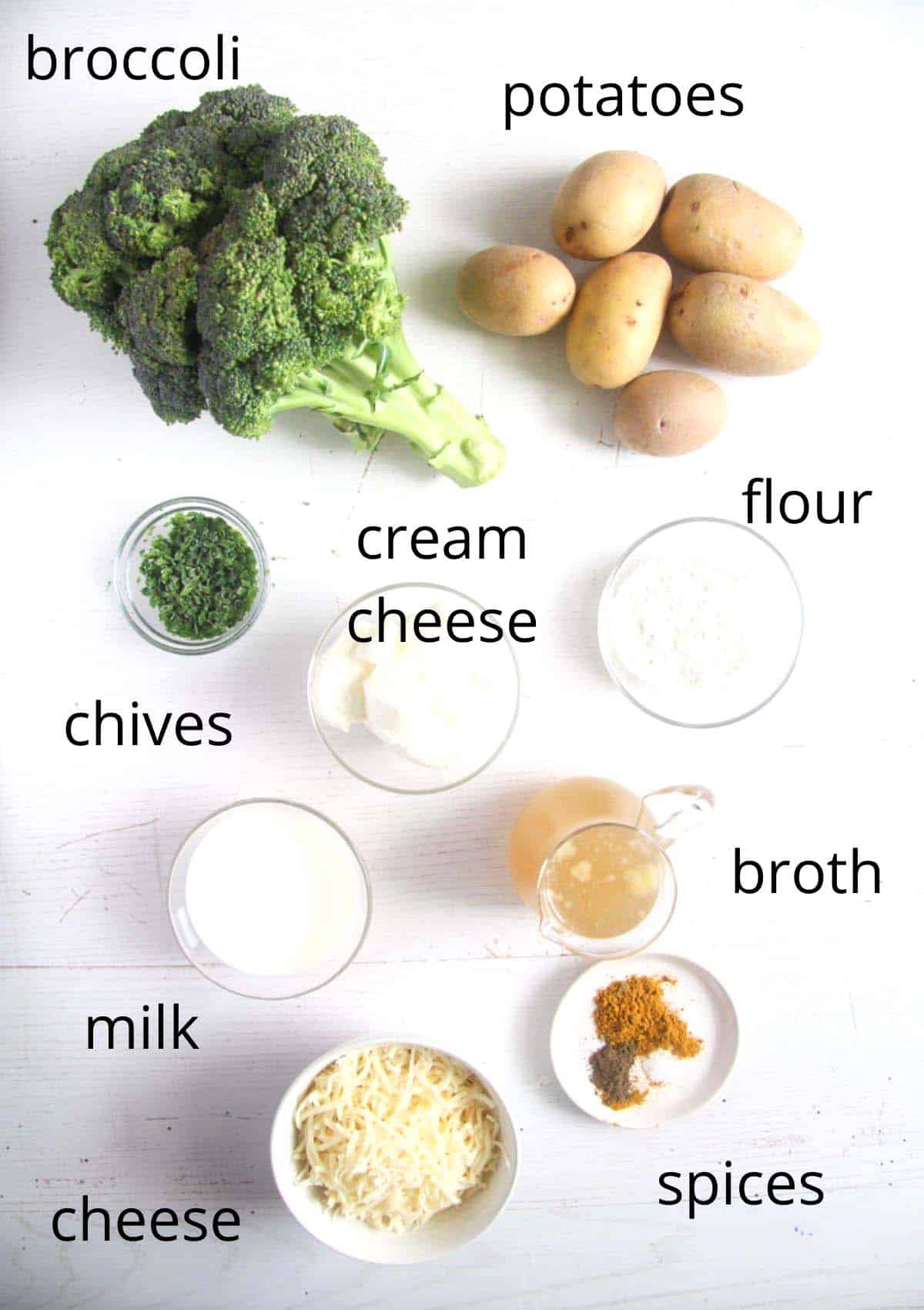 all the ingredients for broccoli potato bake on the table.