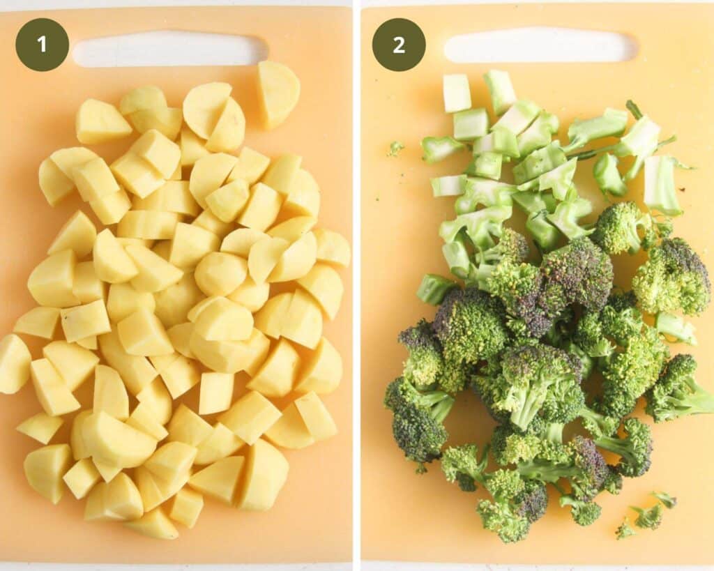 collage of two pictures of chopped potatoes and chopped broccoli on a cutting board.