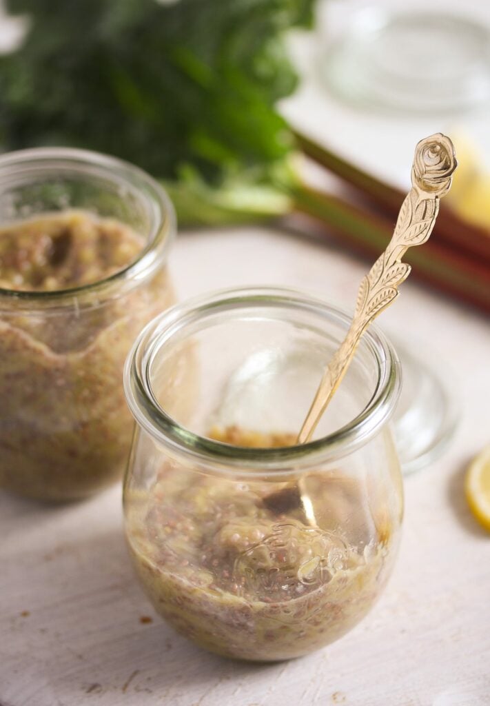 rhubarb chia jam with stevia in small jars