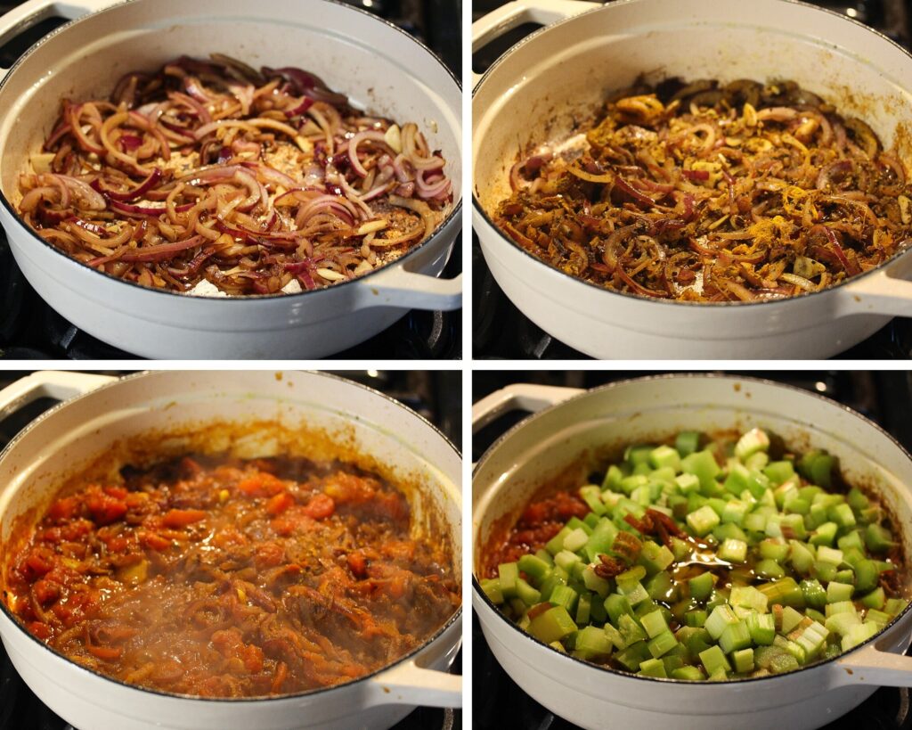 frying onions with spices, tomatoes and rhubarb in a large pot