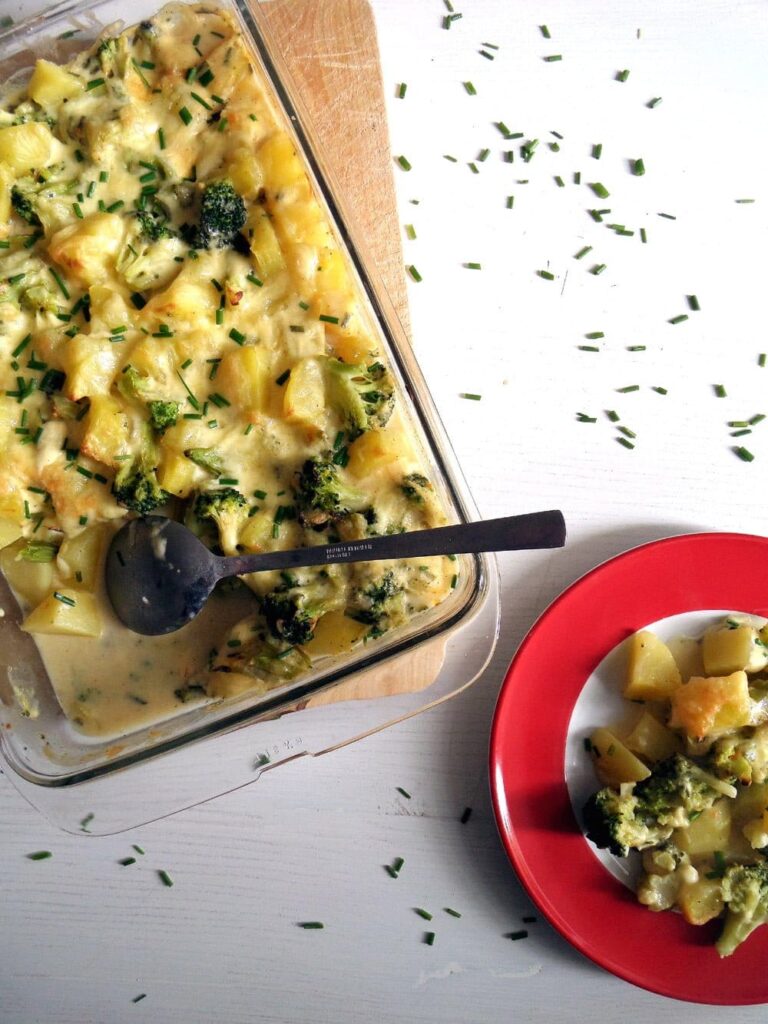 healthier potato broccoli casserole in a baking dish